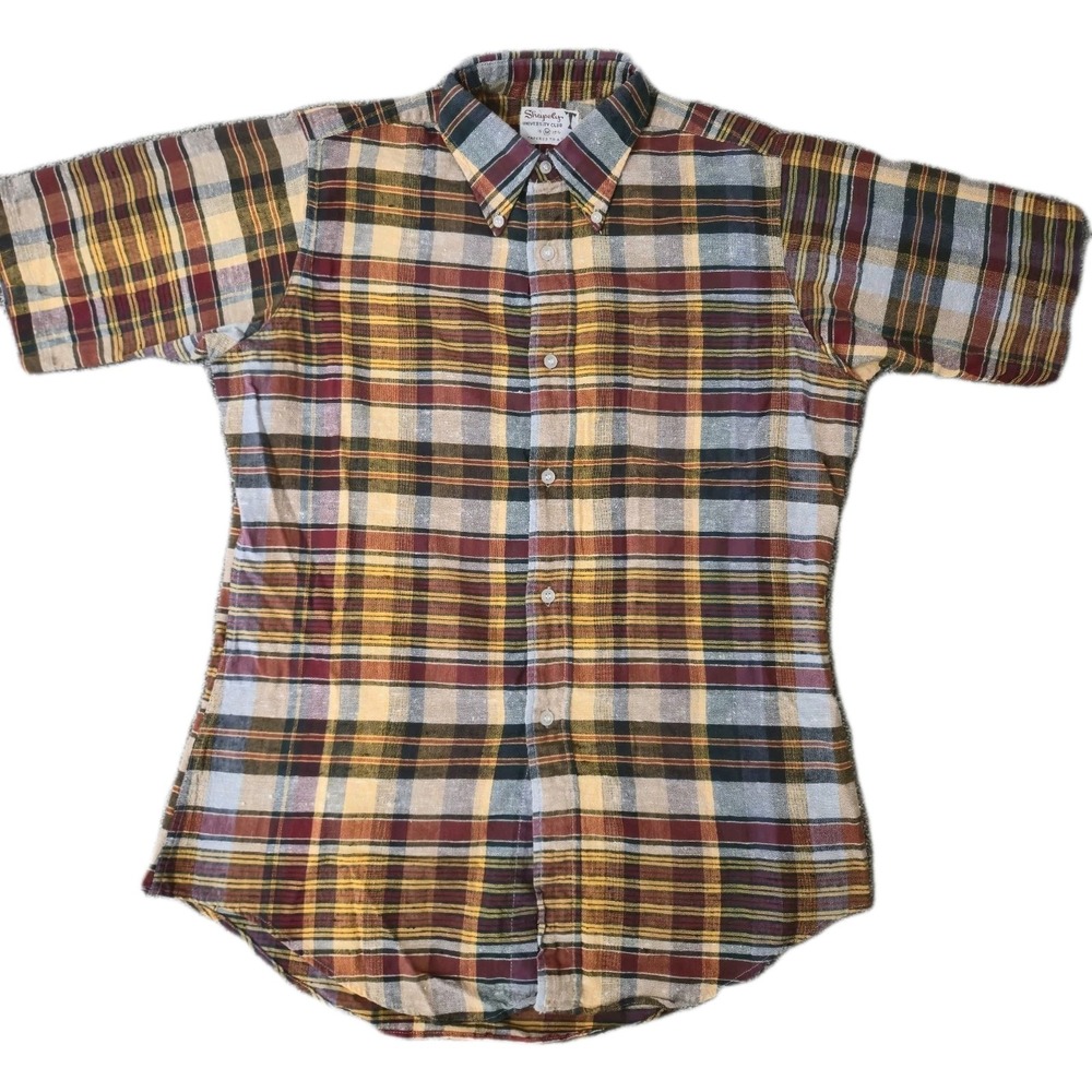 Vtg 50s 60s Shapely Shirt Collared Button Up Plaid Mens Medium 15-15.5 Colorful